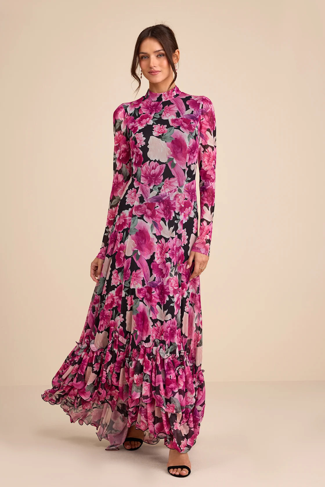 Emilina Black and Magenta Floral Mock Neck Maxi Dress | Lulus