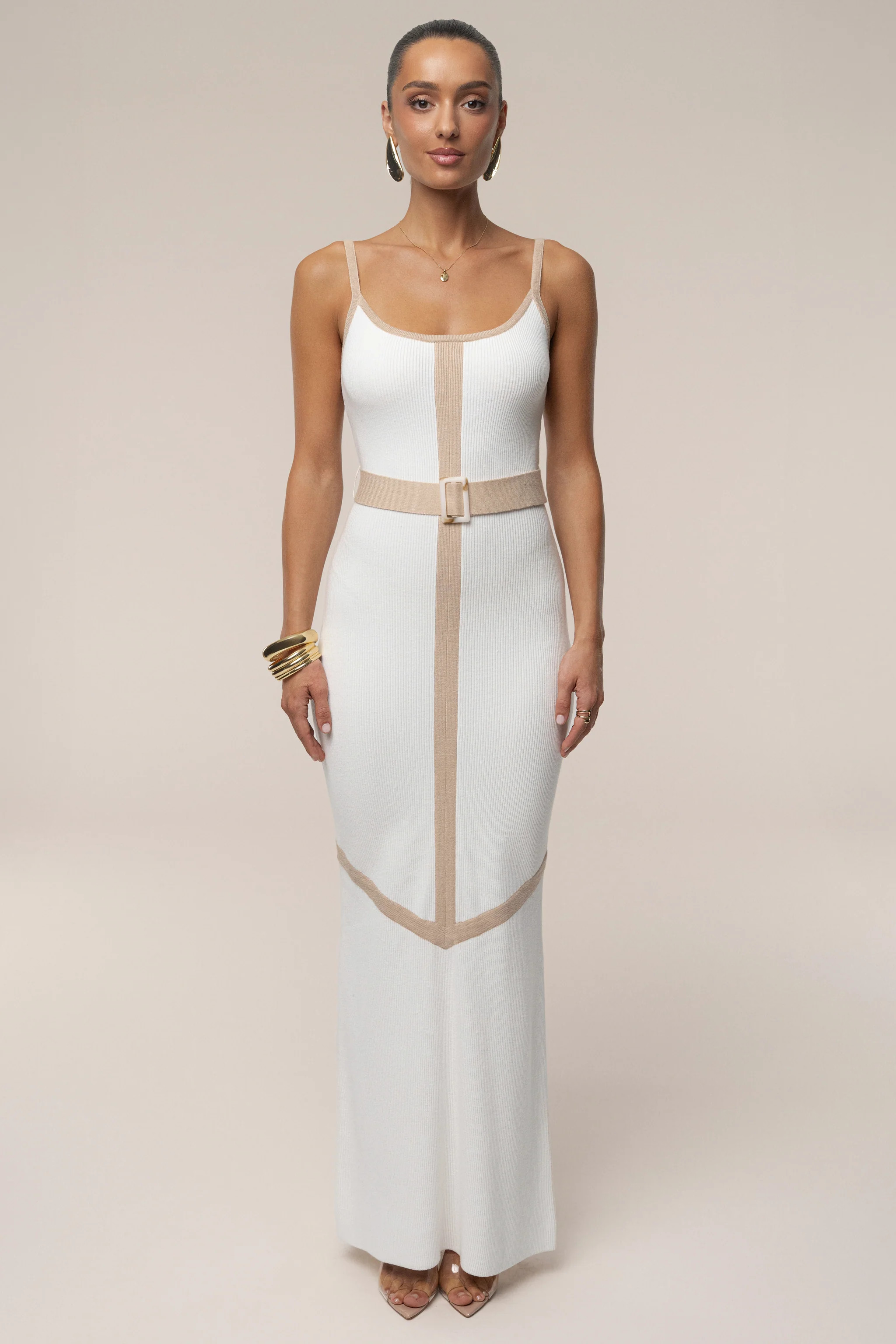 Ivory/Beige Belted Cami Maxi Dress | JLUXLABEL
