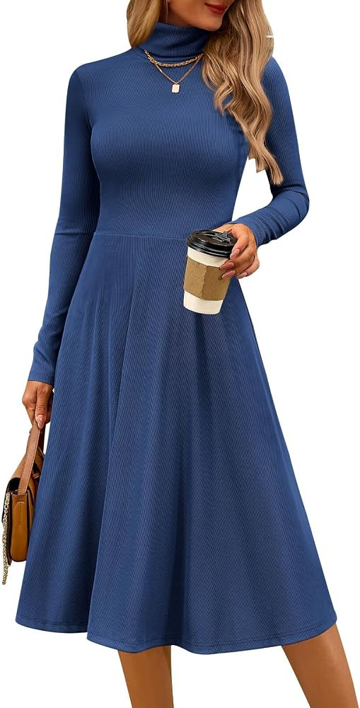 CFLONGE Women's Casual Ribbed Knit High Neck Dress Long Sleeve Fall Dress for Women 2026 Lightwei... | Amazon (US)