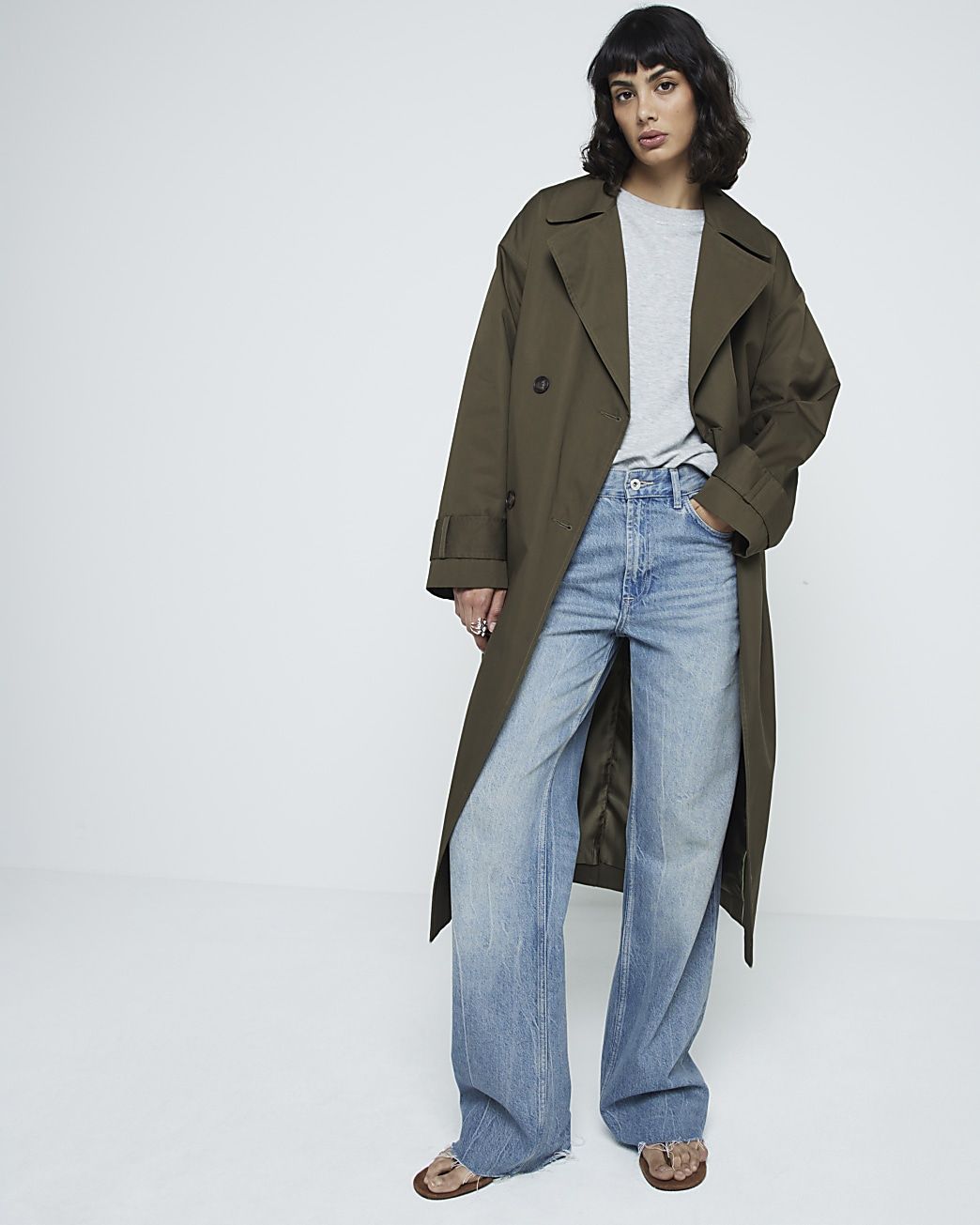 Khaki belted longline trench coat | River Island (UK & IE)