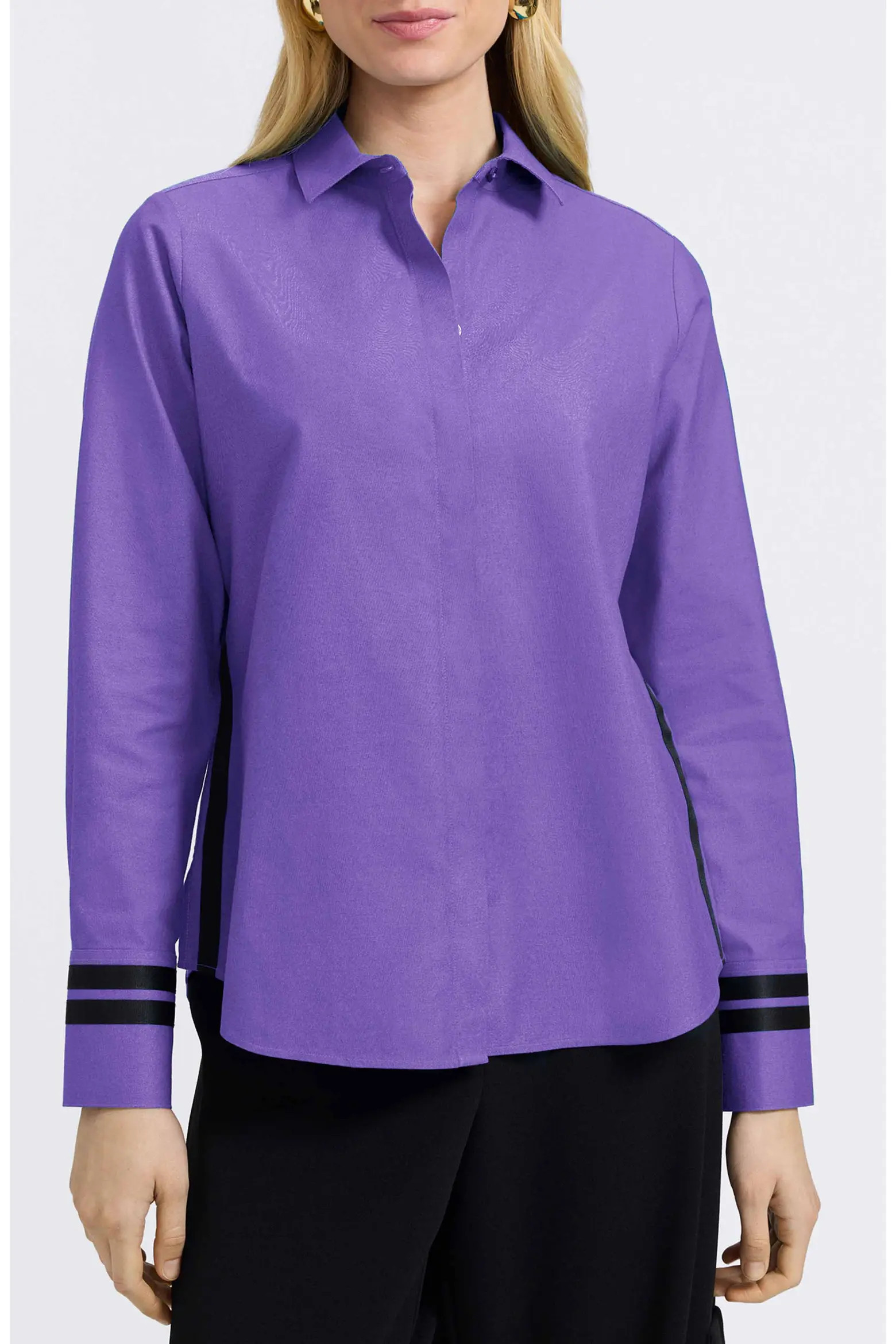 Foxcroft Brooke Grosgrain Trim Cotton Button-Up Shirt (Women) | Nordstrom | Nordstrom