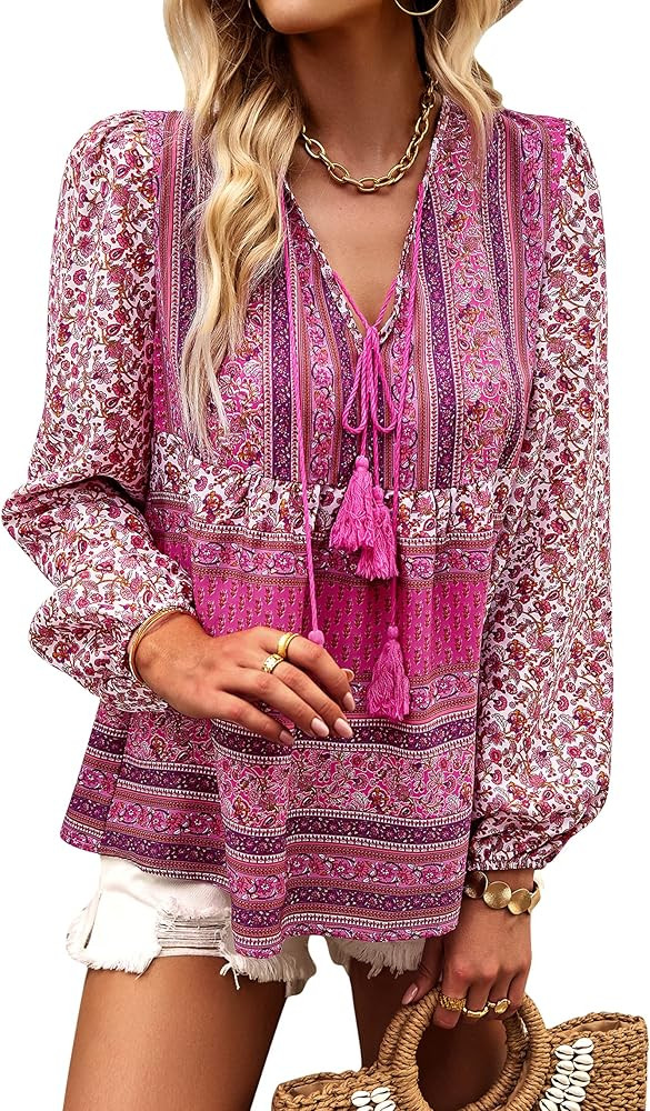 KAYWIDE Women's Casual Boho V Neck Top Loose Floral Printed Long Sleeve Beach Shirts Blouses | Amazon (US)