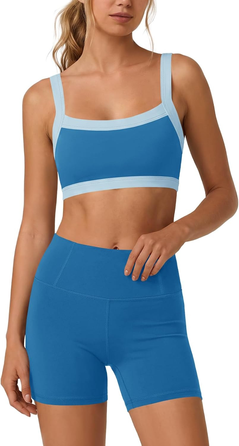 Yanekop Womens Workout Sets Color Block Padded Sports Bra Biker Short Set | Amazon (US)