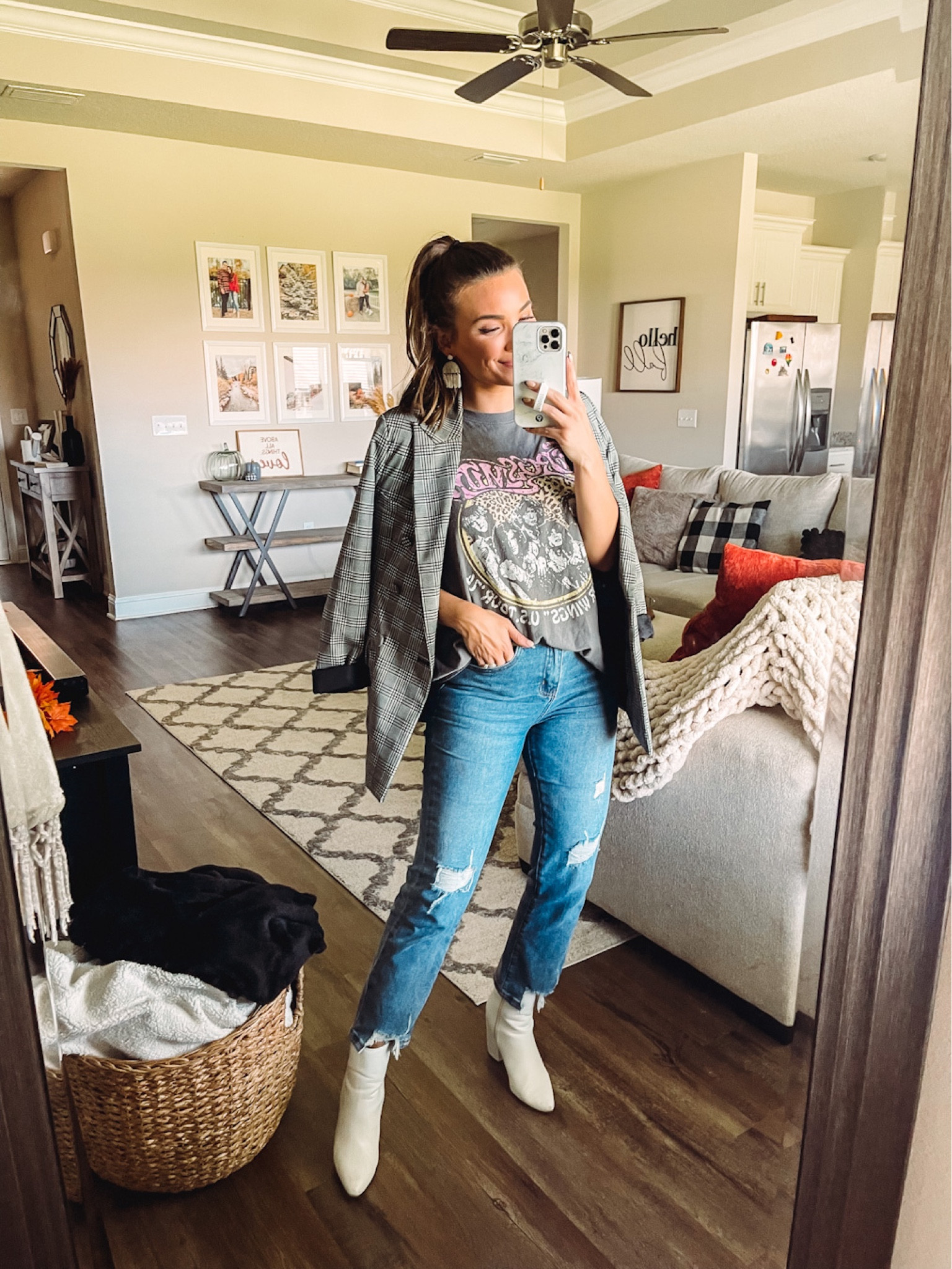 Blazer outfit / business casual / stylish work outfit / meetings outfit / how to style a blazer / white booties / graphic tee / edgy style / girly style / statement earrings / Amazon jeans 

#LTKunder100 #LTKU #LTKSeasonal