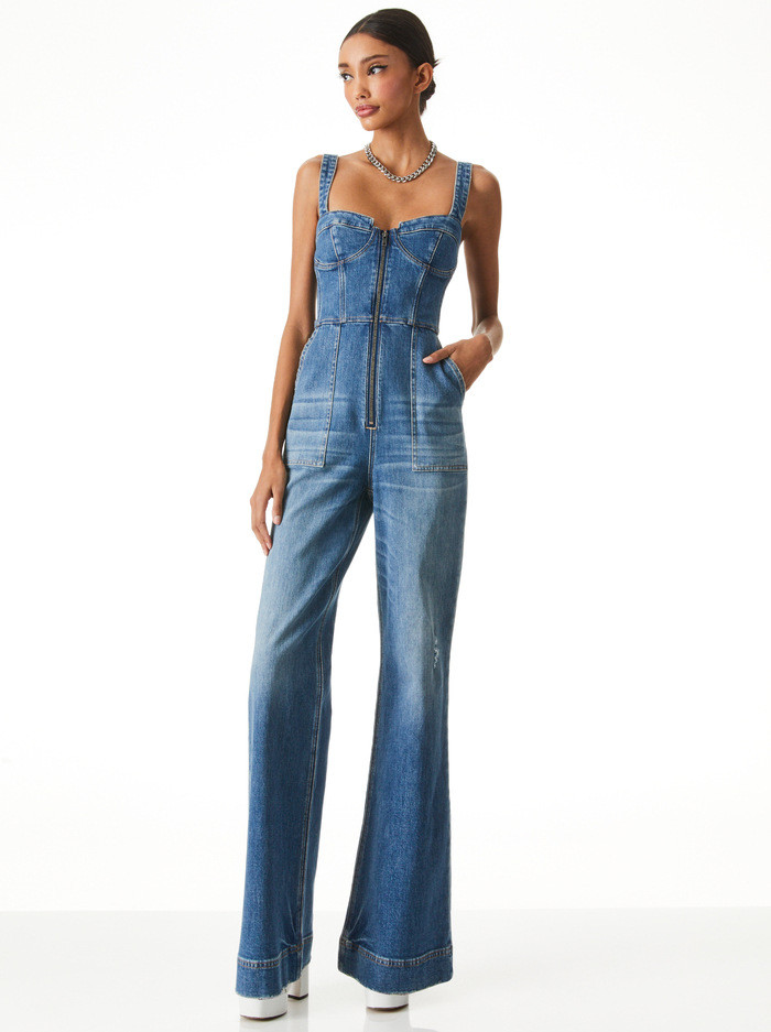 LOVETTA DENIM WIDE LEG JUMPSUIT | Alice + Olivia
