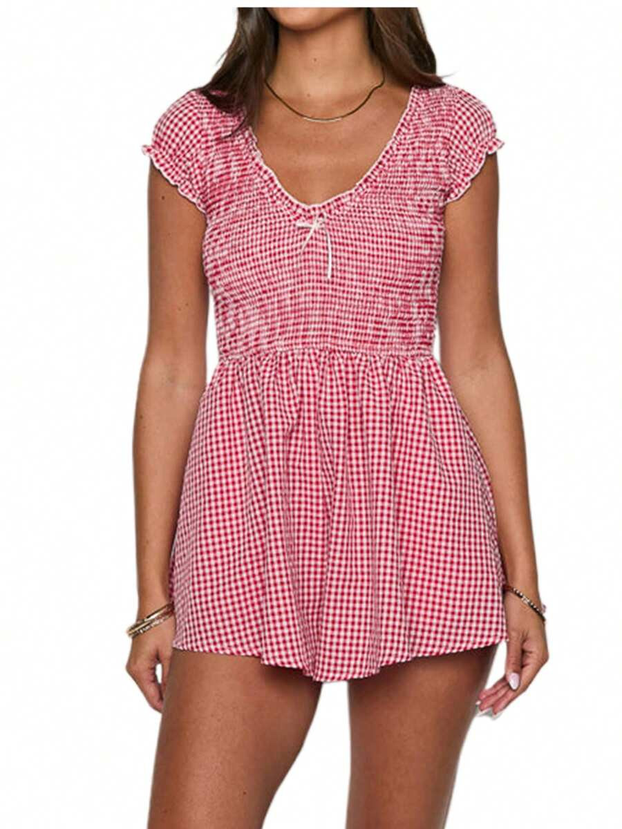 Women Loose Playsuits Plaid Front Bowknot Short Sleeve Rompers Summer Short Jumpsuits Streetwear | SHEIN