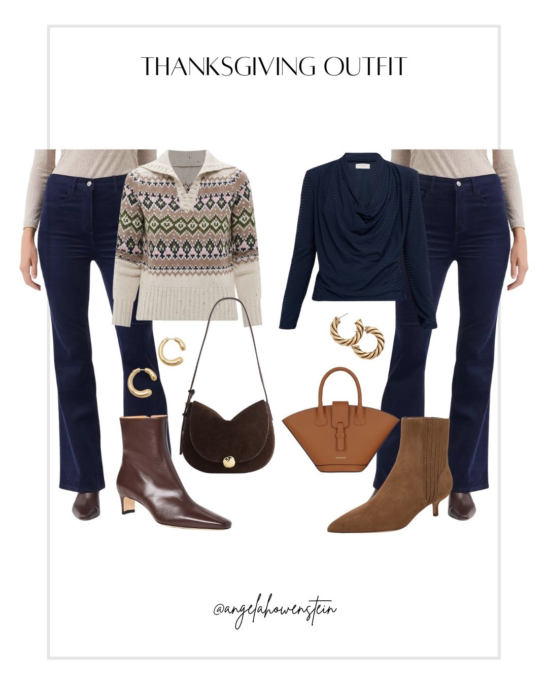 Two ways to style fall favorites — cozy fair isle or sleek navy. Both perfect for Thanksgiving.

#thanksgivingoutfit #falloutfit #casualchic #classiclook #denimstyle #holidaystyle



#LTKStyleTip #LTKHoliday #LTKShoeCrush