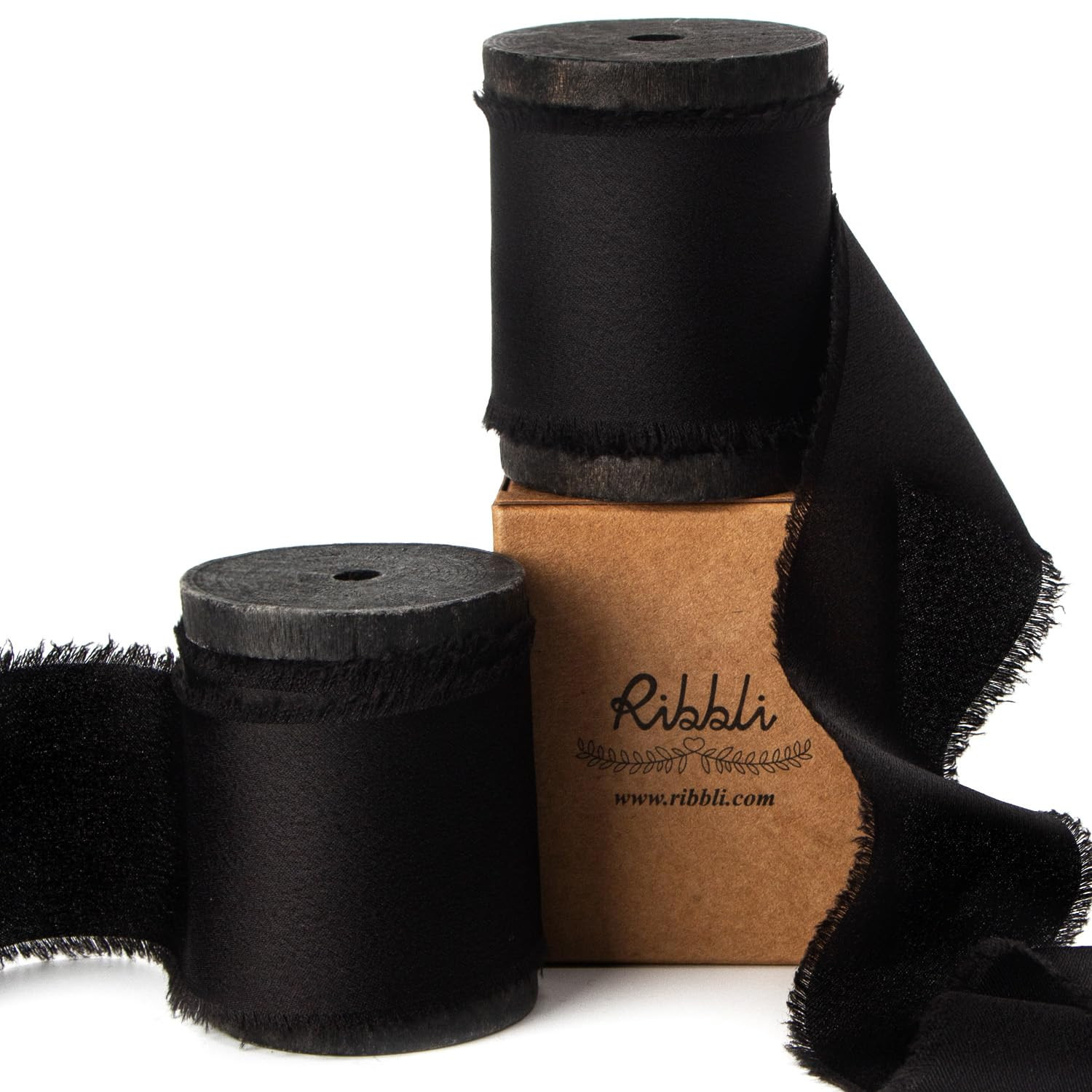 Ribbli Black Silk Satin Ribbon 1.5 Inch x 12 Yard Handmade Frayed Chiffon Ribbon with Wooden Spool for Gift Wrapping, Wedding Invitations, Bridal Bouquets & Home Decor | Amazon (US)