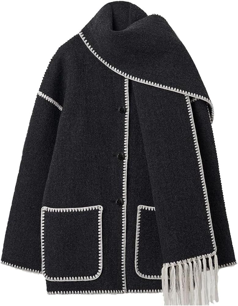 NIFTRIRY Women Coat 2023 Winter Fashion Woolen Coat with Scarf Fringe Jacket Women Trench Coat | Amazon (US)