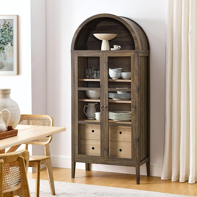 Modway Nolan Modern Farmhouse 71 Inch Tall Arched Storage Display Cabinet in Walnut Hickory Wood ... | Amazon (US)