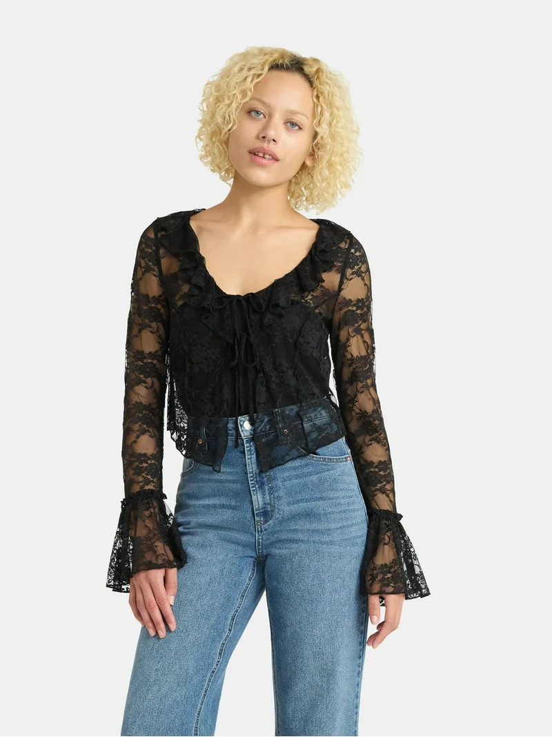 No Boundaries Cascade Ruffle Tie Front Lace Top with Bell Sleeves, Women's | Walmart (US)