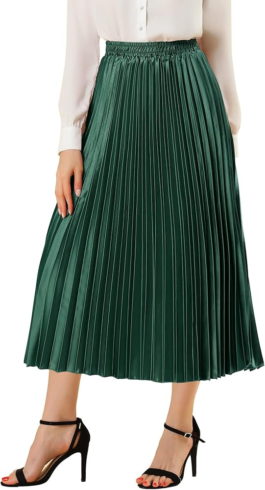 Allegra K Women's Party Elastic Waist Metallic Shiny Accordion Pleated Midi Skirt | Amazon (US)