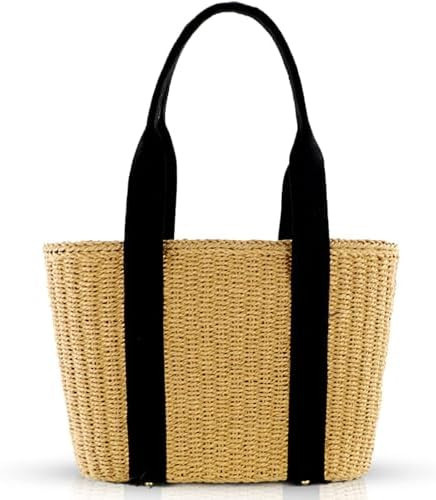 Straw Bag, Beach Bags for Women, Woven Hand Bag, Padded Canvas Paneled Shoulder Straps, Simple La... | Amazon (US)