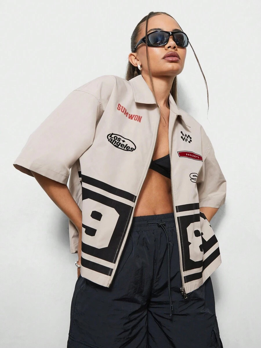 SUMWON WOMEN Boxy Fit Zip Through Shirt With Graphic Print | SHEIN