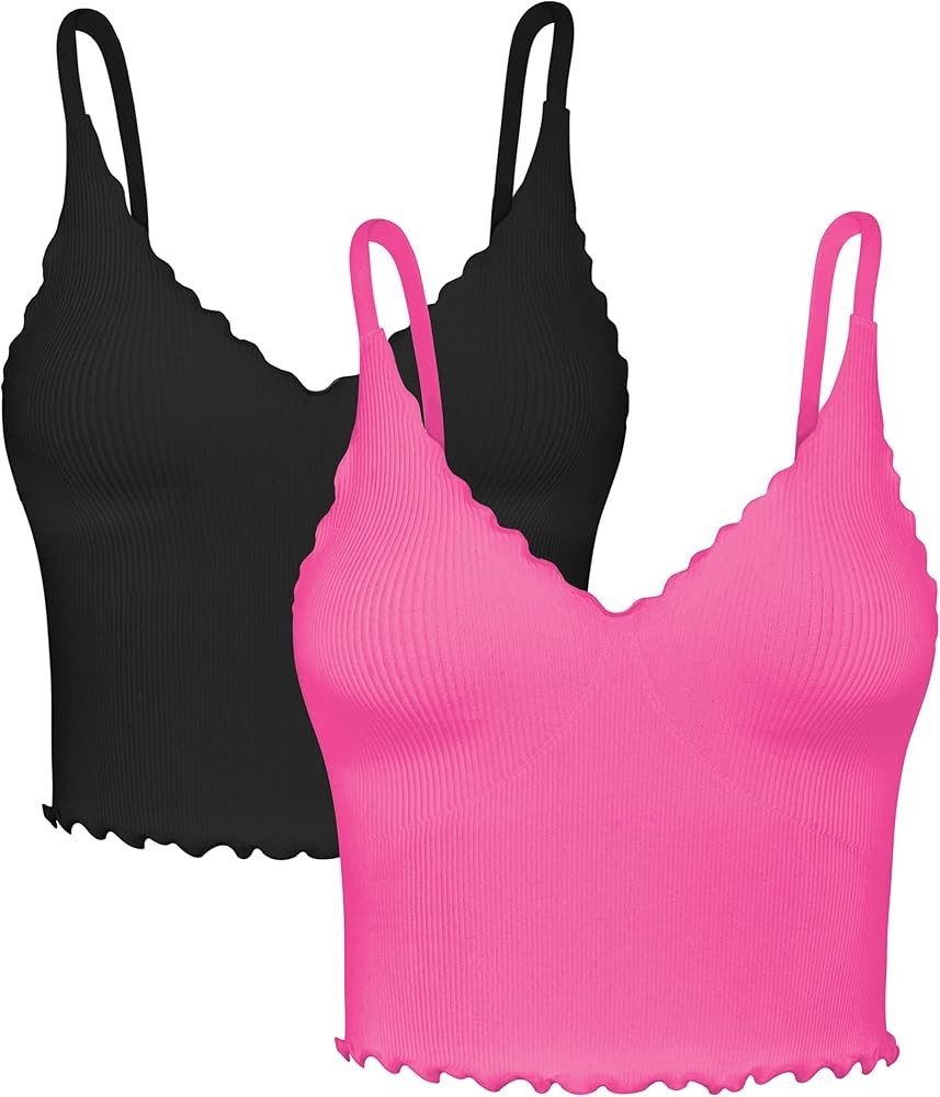 Sunzel Tank Top for Women, V Neck Seamless Ribbed Crop Sports Bra with Ruffles | Amazon (US)