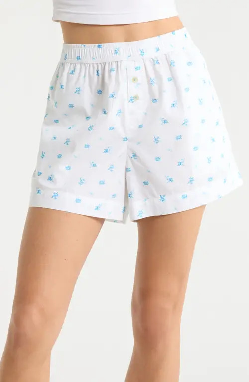 Open Edit Oversize Boyfriend Boxer Shorts in White- Blue Sabrina Ditsy at Nordstrom, Size Small | Nordstrom