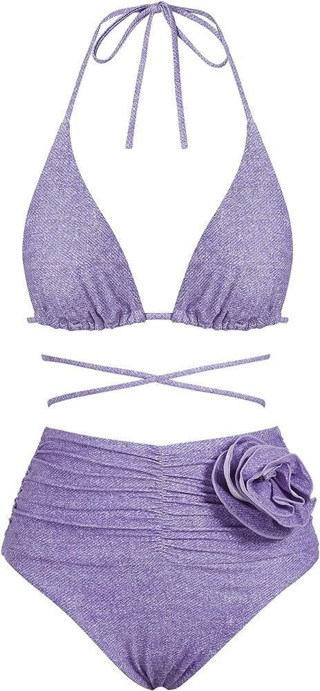 ZAFUL Women's 3D Rose Bikini Sets Criss Cross 2 Piece Swimsuits Ruched High-Waisted Bathing Suit | Amazon (US)