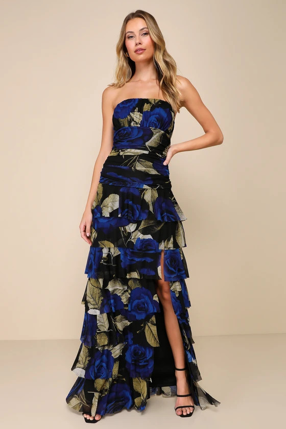 Phenomenal Aura Black Floral Ruched Tiered Strapless Maxi Dress | Lulus