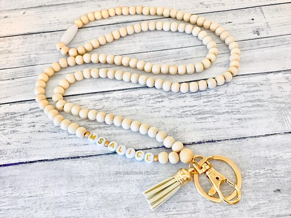 Natural Wooden Bead Style ID & Keys Lanyard With Tassel  - Etsy | Etsy (US)