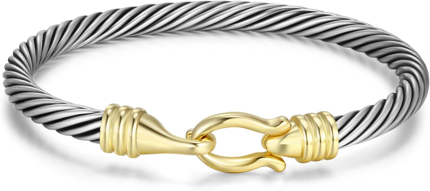 Wiilkac Cuff Bracelets for Women Two Tone - Cable Bangle Bracelet Silver Wire Twisted - Gold Hook... | Amazon (US)