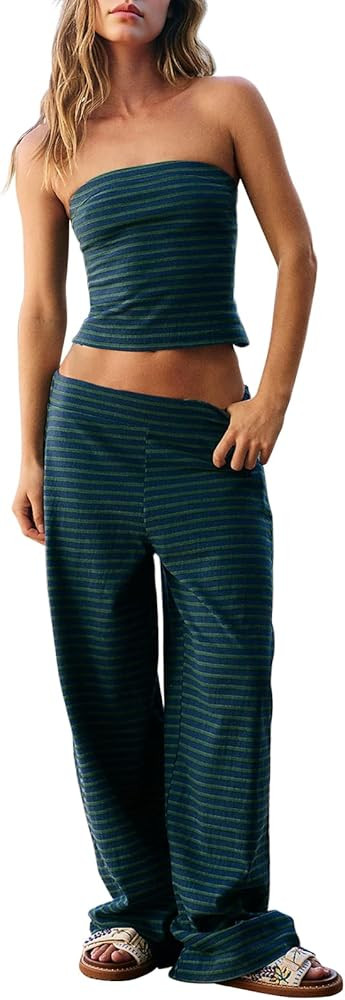 Dokuritu Two Piece Sets for Women Summer Sleeveless Outfits Lounge Sets Striped Tube Top and Wide... | Amazon (US)
