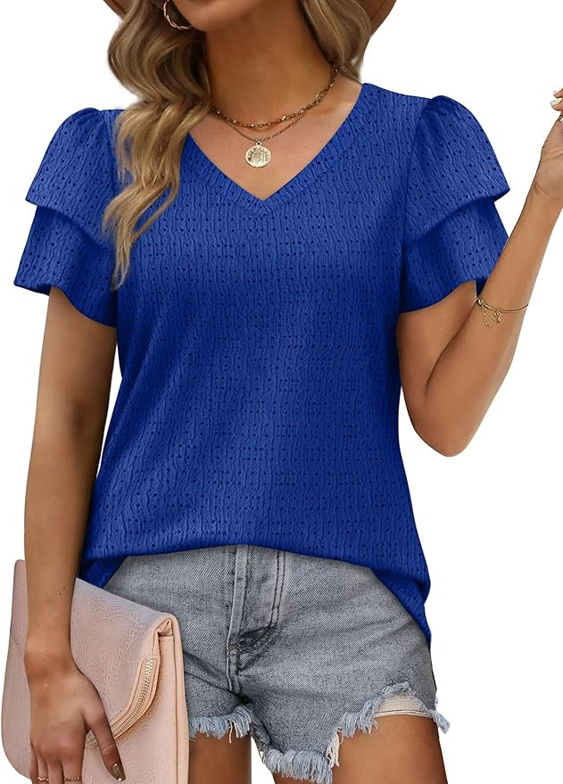 Geifa Womens Tops Summer Ruffle Short Sleeve V Neck T Shirts Loose Fit Eyelet | Amazon (US)