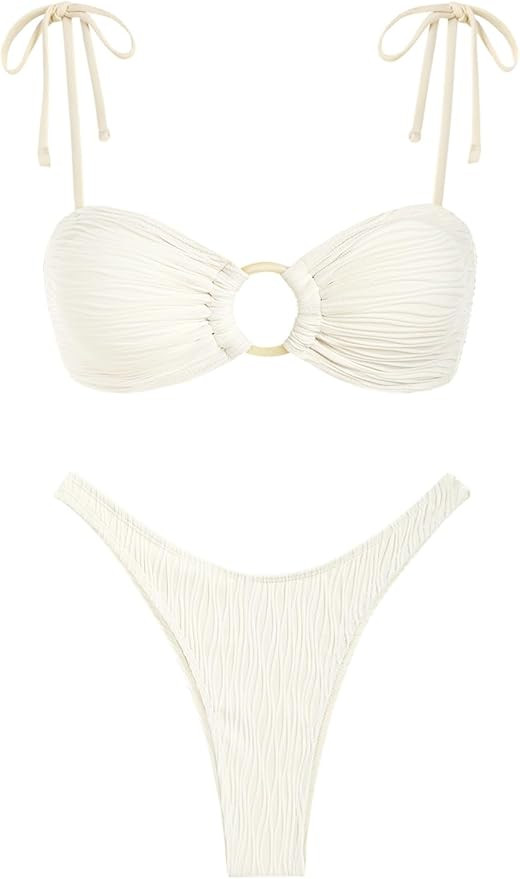 ZAFUL Women's Bandeau Tie Spaghetti Strap Bikini Textured O Ring Ruched High Leg Swimsuit Cheeky ... | Amazon (US)
