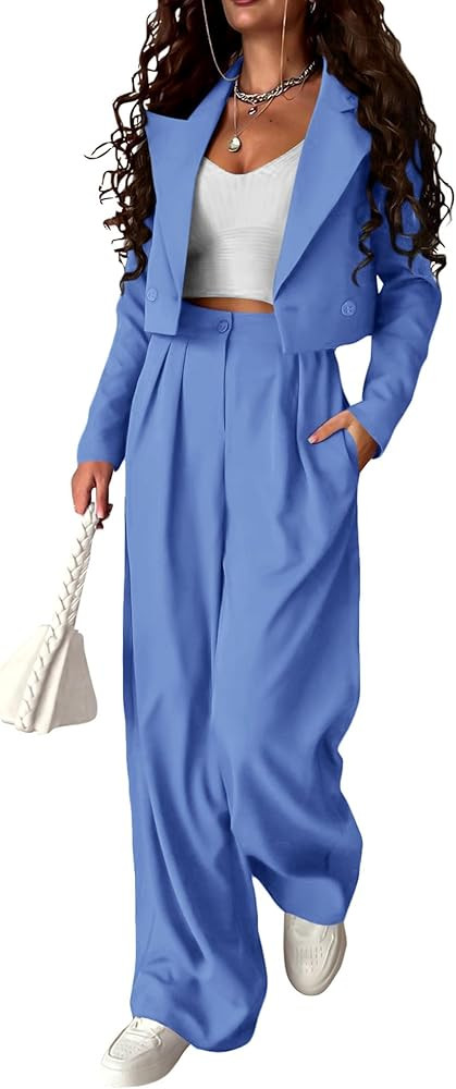 KIRUNDO Business Casual Outfits for Women 2025 Fall 2 Piece Cropped Blazer Jackets Wide Leg Pants... | Amazon (US)