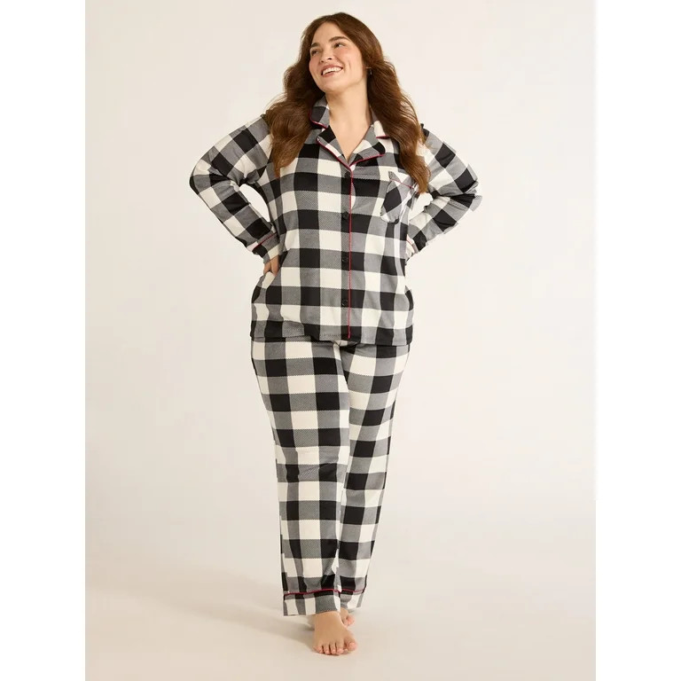 Joyspun Women's Velour Notch Collar Top and Pants Pajama Set, 2-Piece, Sizes S-3X | Walmart (US)