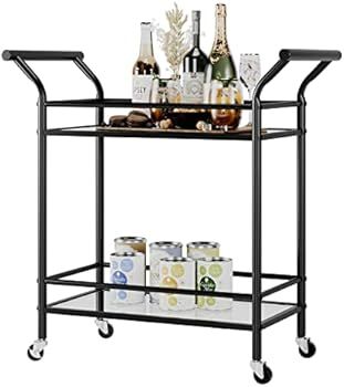 Bar Cart for Home with 2 Tier Tempered Glass Shelves, Metal Frame Bar Serving Cart with Lockable ... | Amazon (US)
