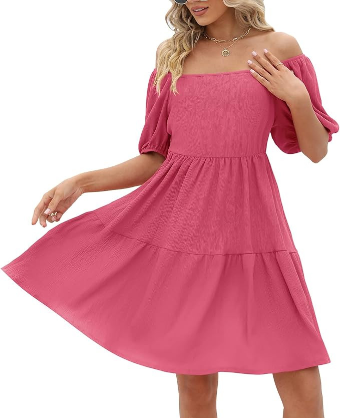 Womens Dresses Square Neck Puff Sleeve Casual Loose Spring A-Line Dresses | Amazon (US)