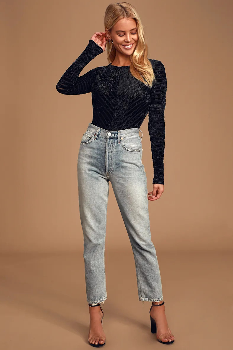 Save the Date Black Velvet Striped Long Sleeve Bodysuit | Lulus
