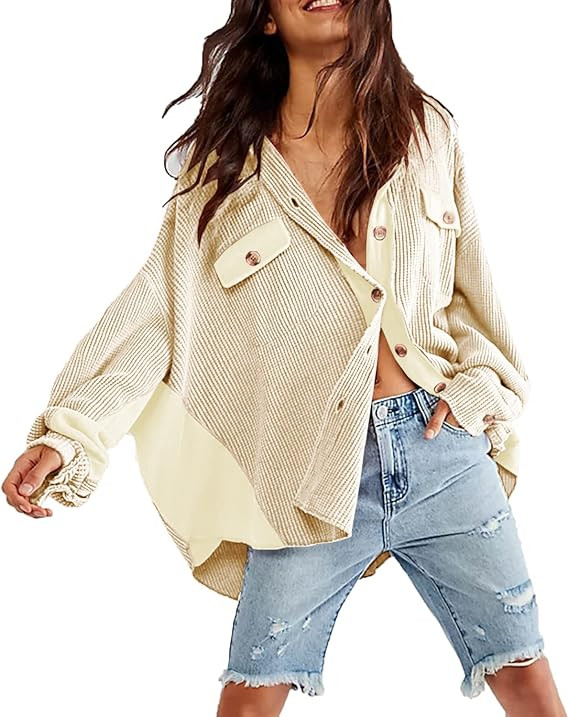 Womens Button Down Shirts Jacket Casual Waffle Knit Long Sleeve Oversized Shacket Tops | Amazon (US)