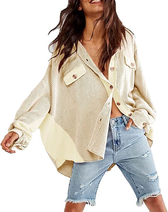 Womens Button Down Shirts Jacket Casual Waffle Knit Long Sleeve Oversized Shacket Tops at Amazon ... | Amazon (US)