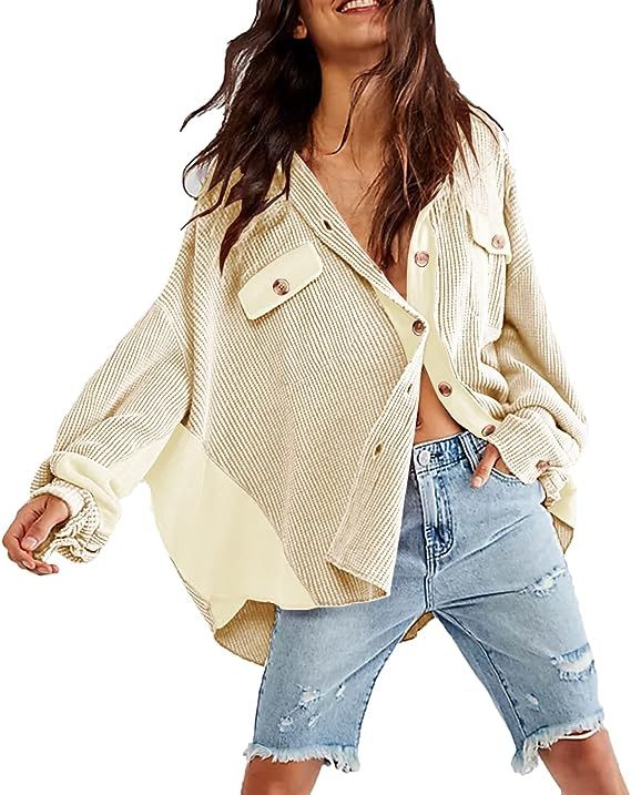 Womens Button Down Shirts Jacket Casual Waffle Knit Long Sleeve Oversized Shacket Tops | Amazon (US)
