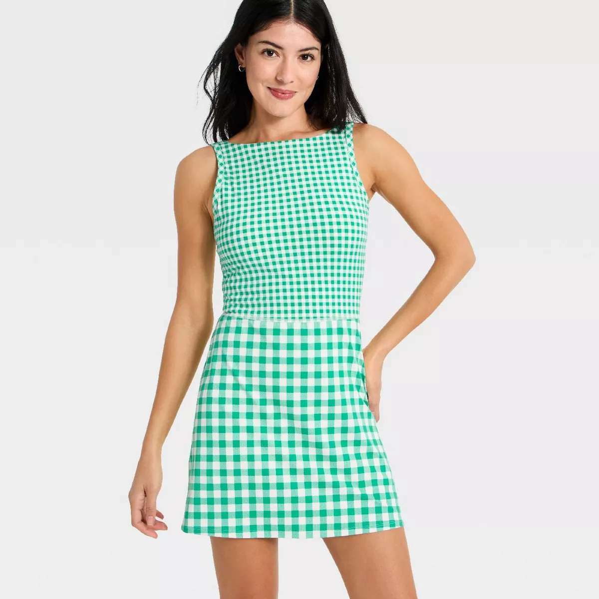 Women's Knit High Neck Active Dress - All In Motion™ Forest Green Gingham XL | Target