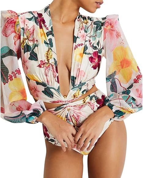 ODIZLI Women's Puff Long Sleeves One Piece Swimsuit Rash Guard V-Neck Bathing Suit 2023 | Amazon (US)