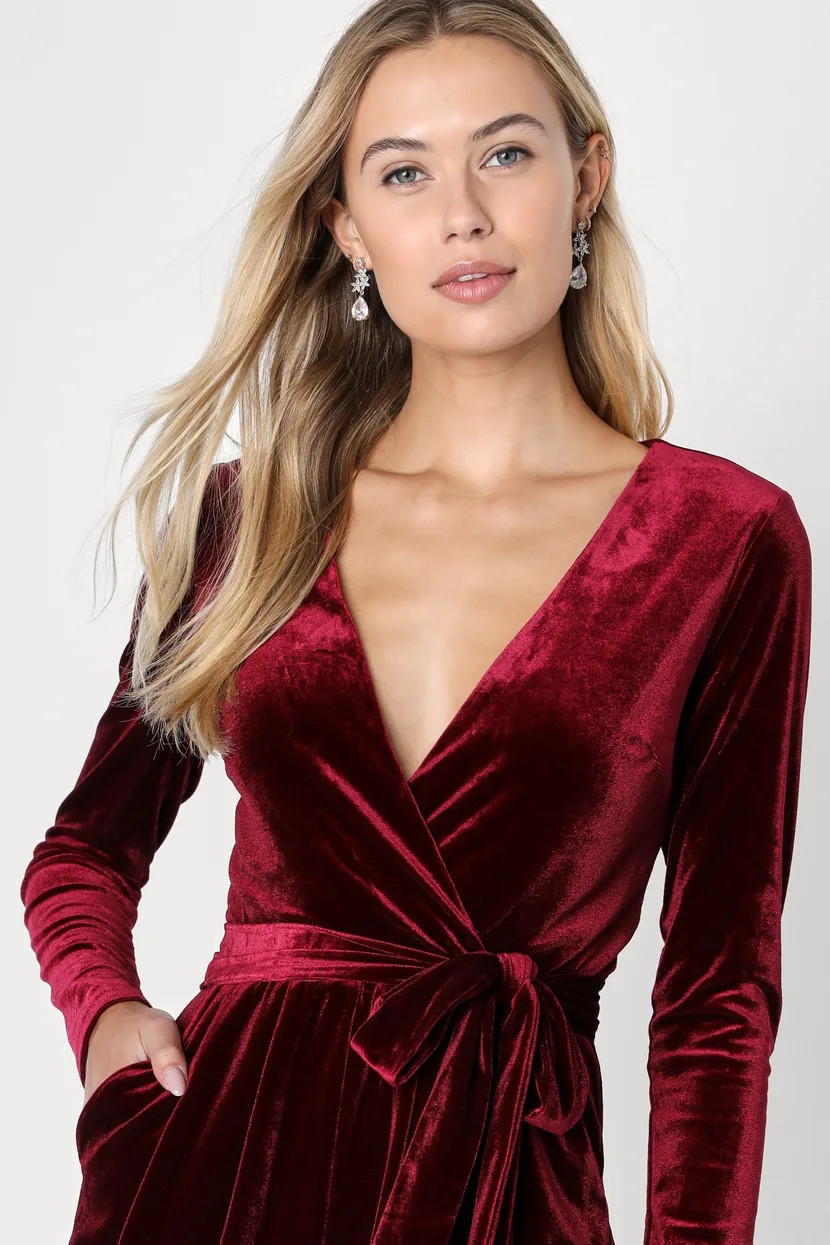 Romantic Moves Burgundy Velvet Long Sleeve Romper | Lulus