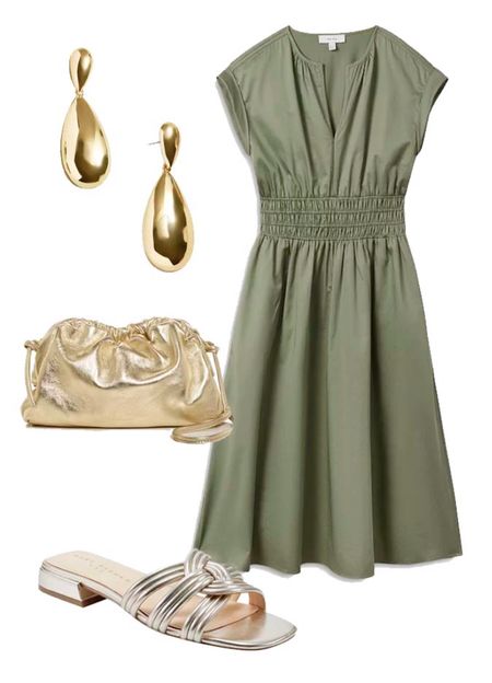 Love this watercress green dress with gold metallic accessories  

#LTKSeasonal #LTKstyletip #LTKfindsunder100