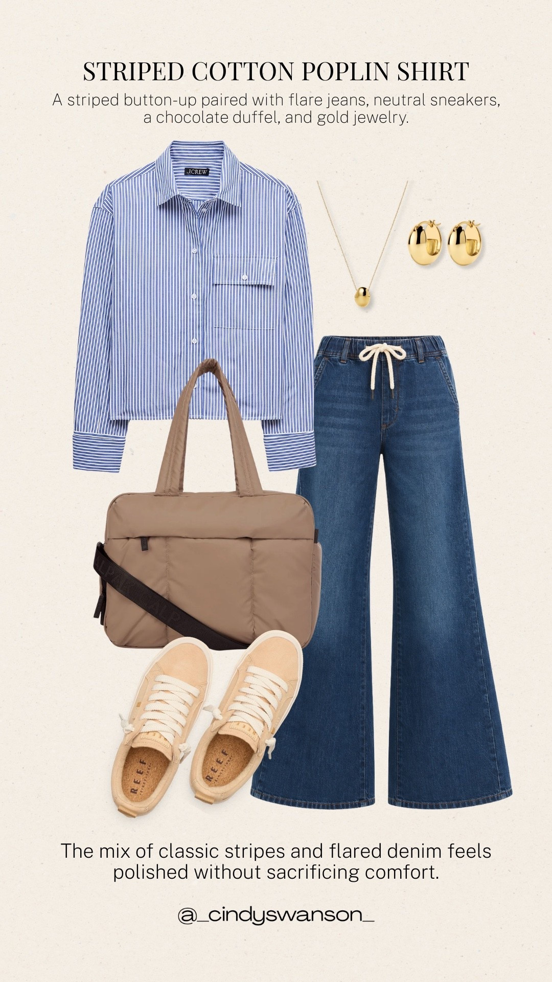 A blue-and-white striped cotton poplin shirt paired with flared jeans is such a classic combination. I love how the clean stripes and dark denim feel polished without sacrificing comfort, while neutral sneakers finish this easy everyday look. The chocolate-brown duffel is getting low in stock, but there are several other colors available to check out!