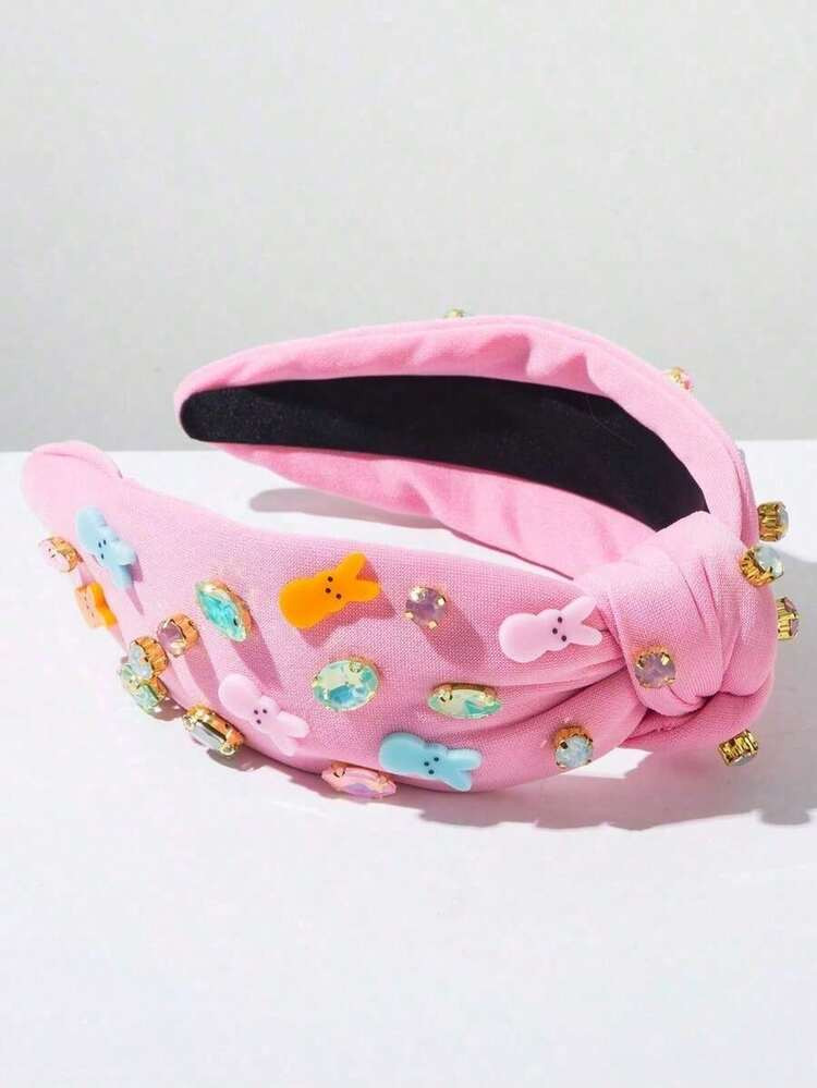 1pc Solid Color Fabric Wide Bow Knot Easter Element Headband, Simple Fashion Rhinestone Rabbit Decor, Sweet Elegant Holiday Essential Cute Easter Festival Hair Accessory Hairband Hair Hoop | SHEIN
