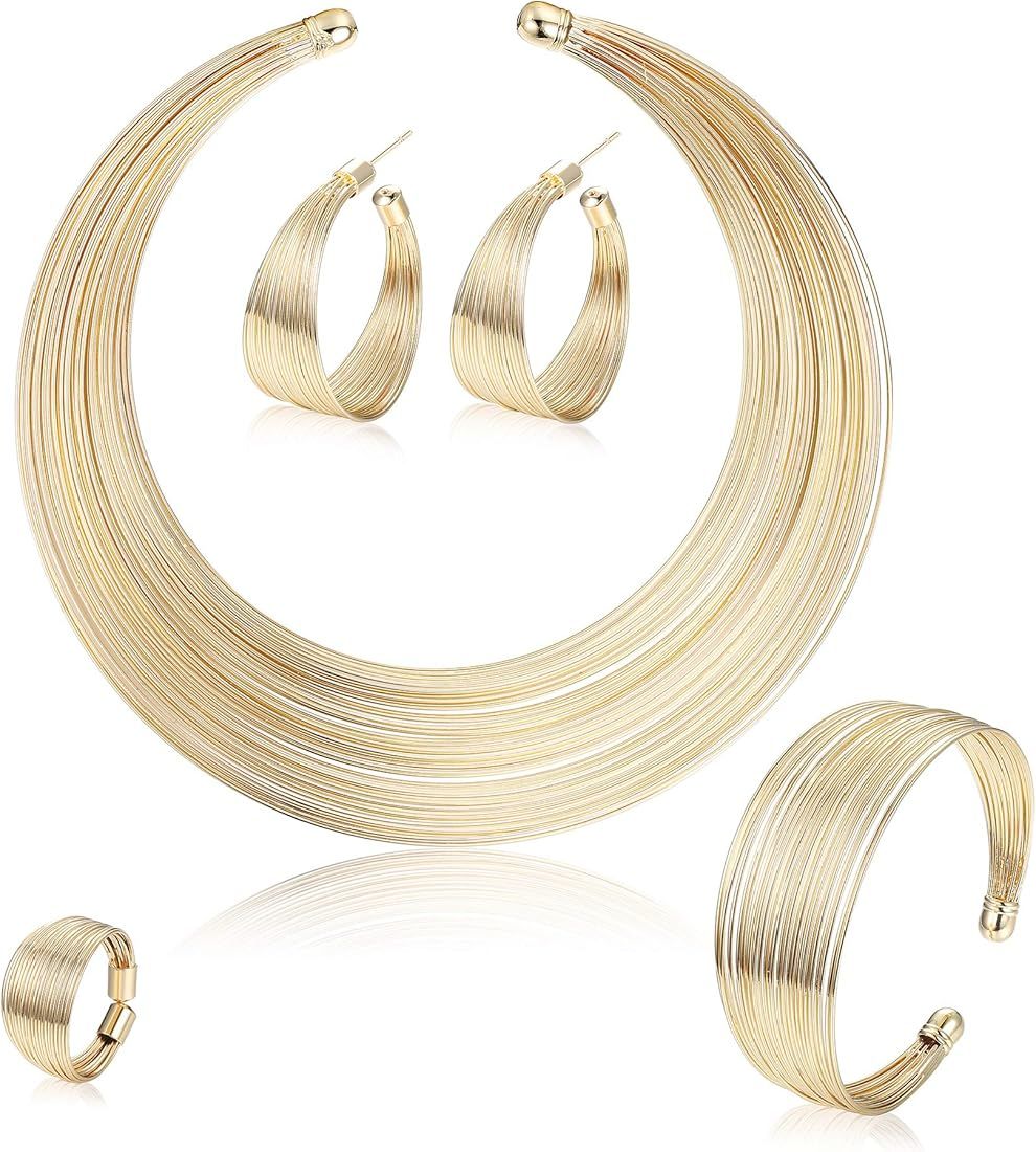 ORAZIO Bib Choker Statement Necklaces for Women Cuff Bracelet Open Hoop Stud Earrings Ring African C | Amazon (US)