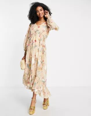 ASOS DESIGN button detail smock maxi dress in printed floral metallic jacquard | ASOS (Global)