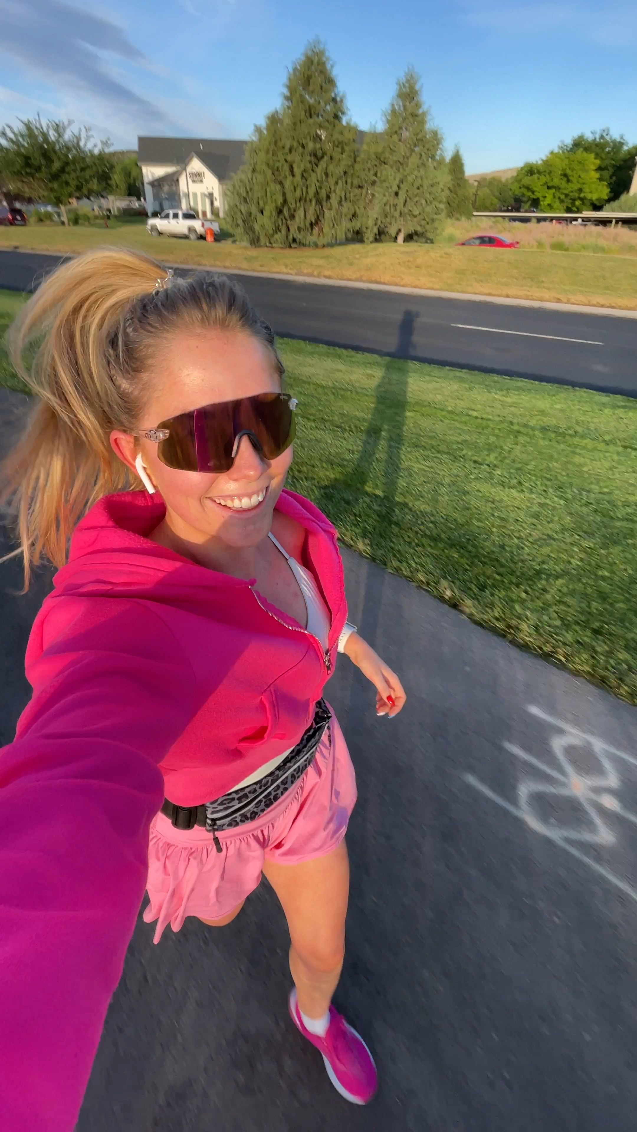 lots of pink in todays running outfit and I felt like running Barbie🤣🩷 
My top and shorts are BUTTERY SOFT and so flattering!! my sunglasses are the best for running and also my belt is a must have!! 

workout top: true to size 
pink workout shorts: true to size 
zip up cropped hoodie jacket: true to size 

| runner | running outfit | athletic outfit | workout outfit | athletic wear | workout clothes | summer run 


#LTKFindsUnder100 #LTKShoeCrush #LTKFitness