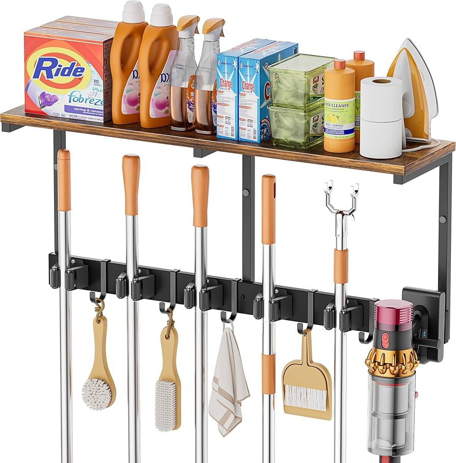 Broom Holder Wall Mount with Cleaning Supplies Organizer, Laundry Room Organization and Storage S... | Amazon (US)