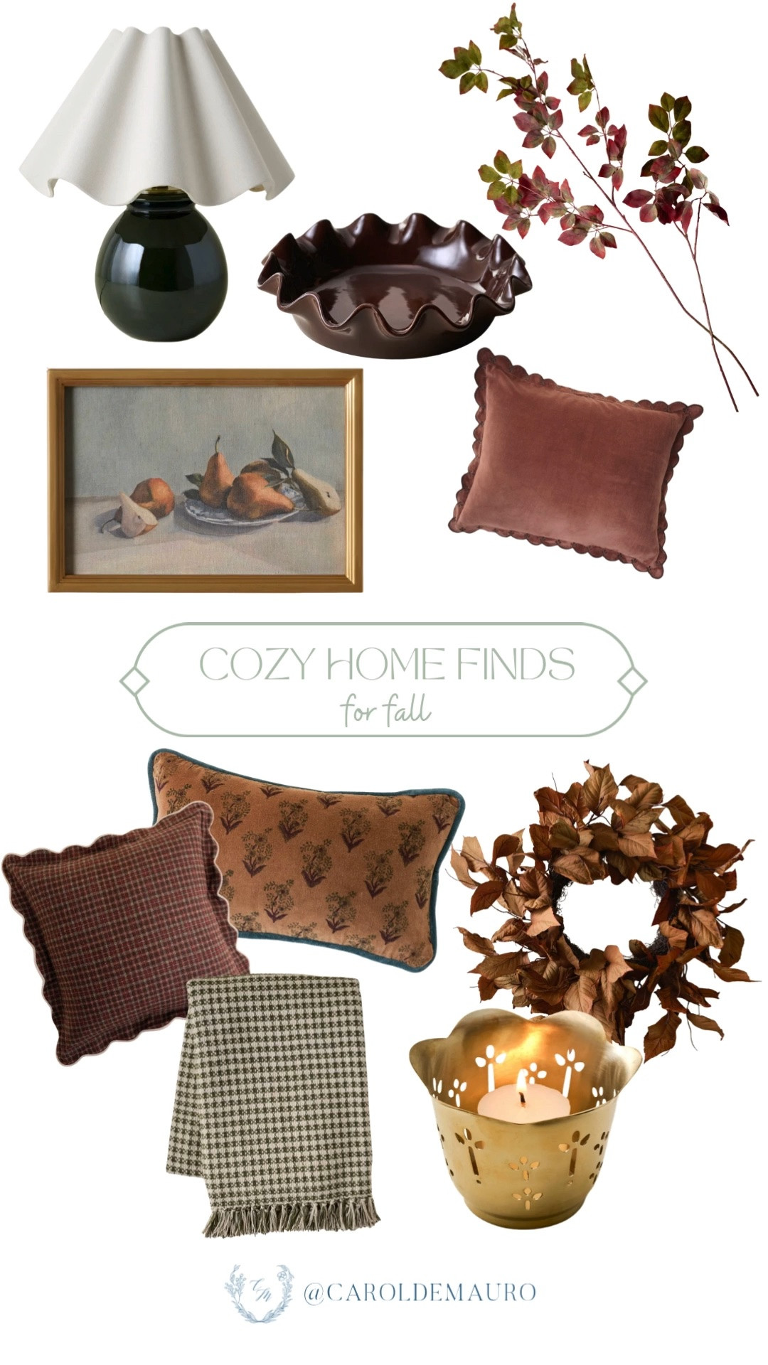 cozy home finds, fall decor, neutral aesthetic, autumn, wavy table lamp, wavy decorative bowl, faux branches and stems, fall wreath, scalloped throw pillows, wall art, candle holder, vintage look

#LTKHome
