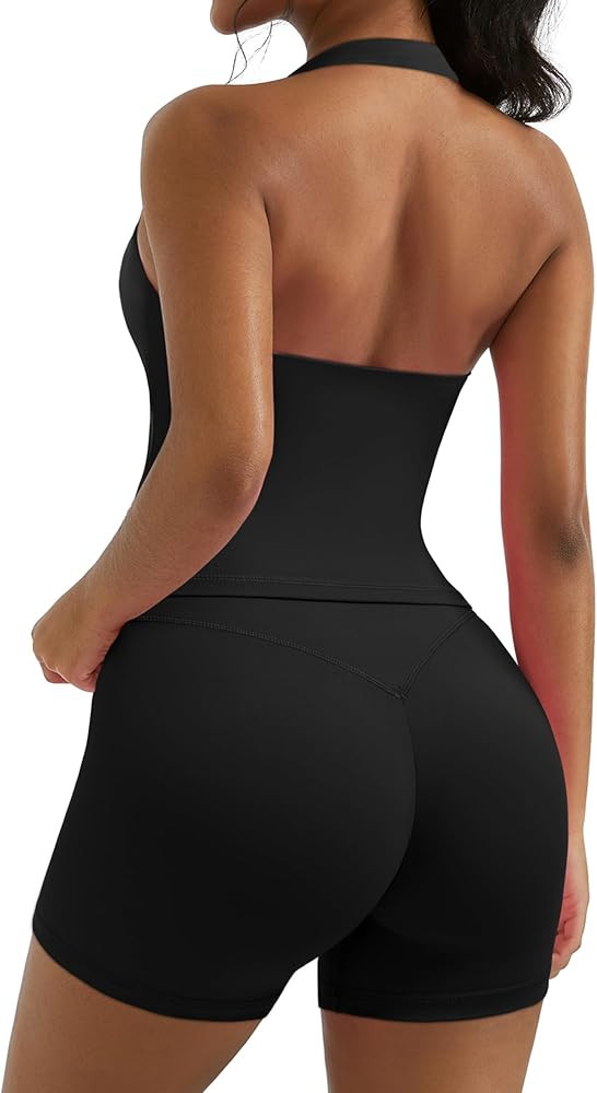 OMKAGI 2 Piece Workout Sets for Women Halter Sports Bra Tank Gym Biker Shorts Outfits | Amazon (US)