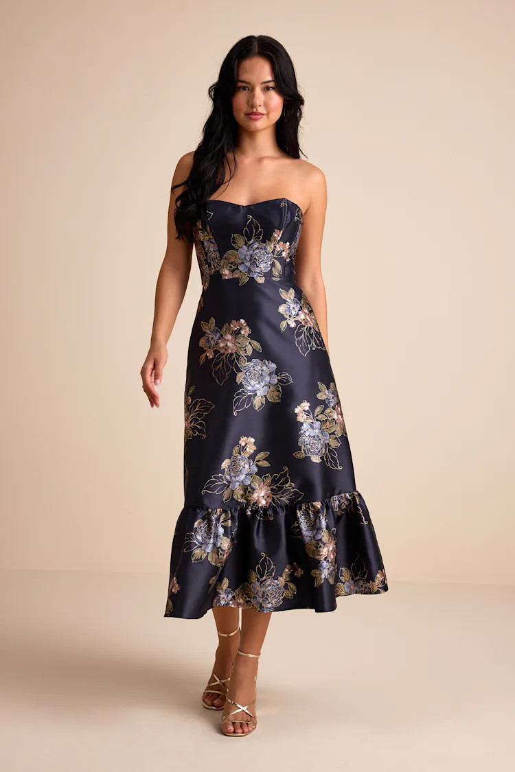 Yashelle Navy Floral Taffeta Strapless Tiered Corset Midi Dress | Lulus