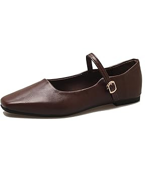 Women's Classic Leather Square Toe Flat Mary Jane Shoes Fashion Slip On Buckle Casual Ballet Shoe... | Amazon (US)