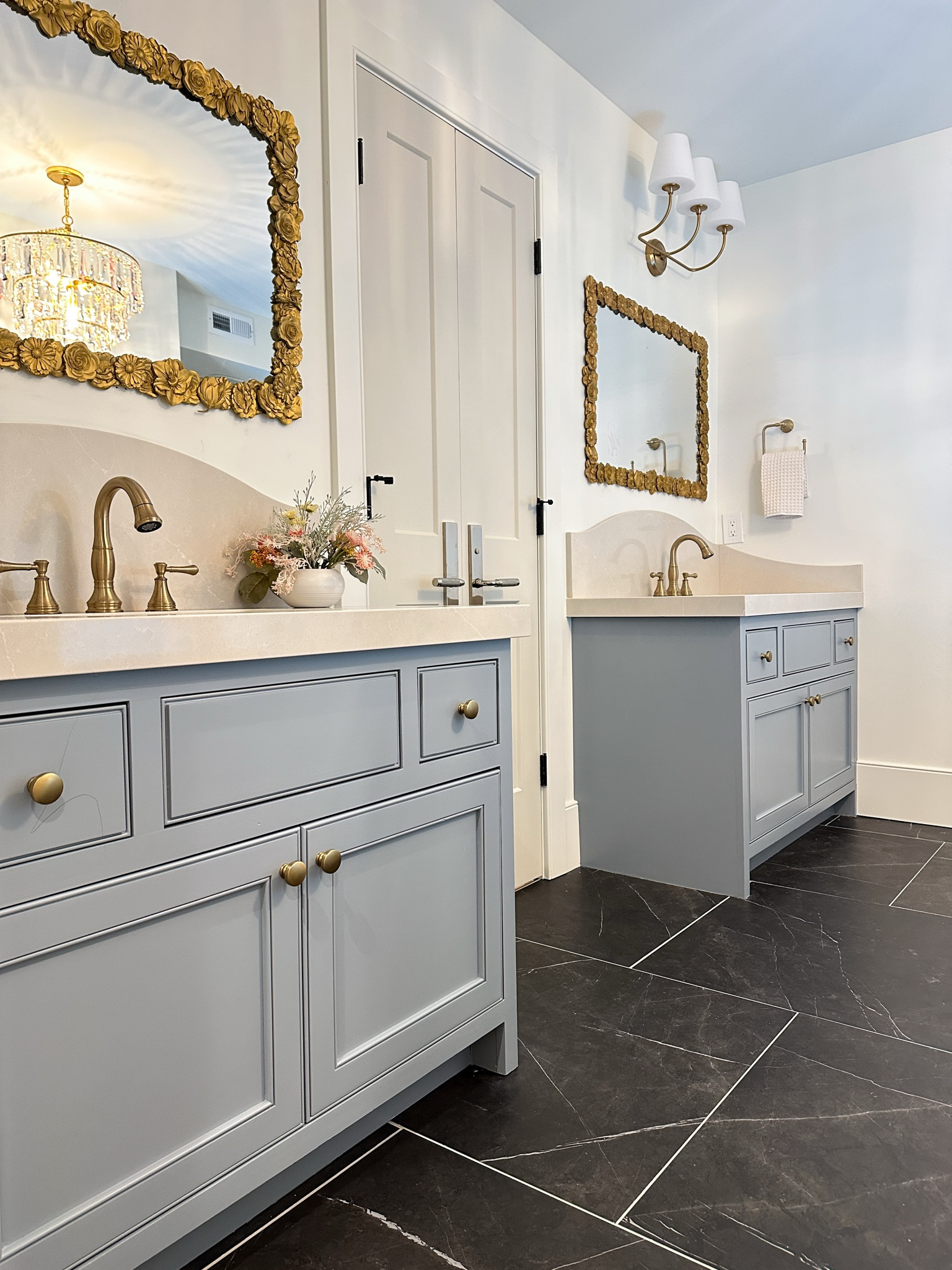 Vanity color: SW let it rain
Walls: BM Swiss coffee
door color: BM natural linen 
Mirrors are a DIY, inspiration linked. 
